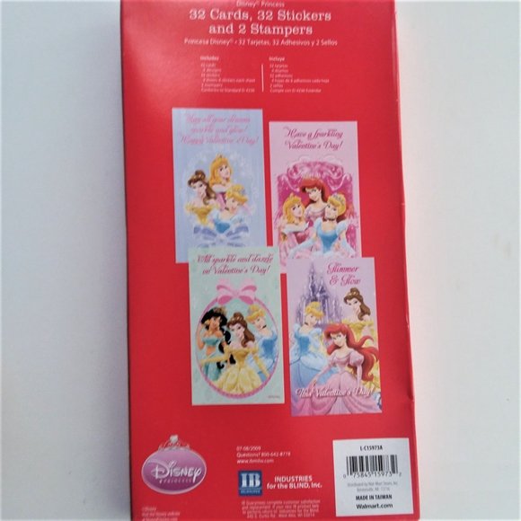 VTG Disney Princess 32 Valentines Day Cards 32 Stickers 2 Ink Stampers 2009 NEW - Picture 2 of 8